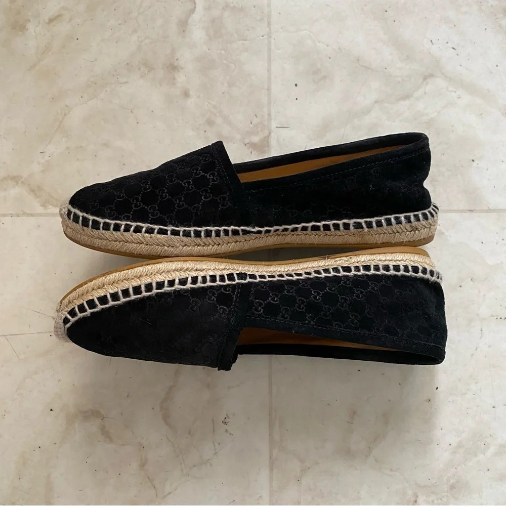 Gucci Micro Guccissima GG Monogram Black Suede Espadrilles Flats Size 6.5/36.5